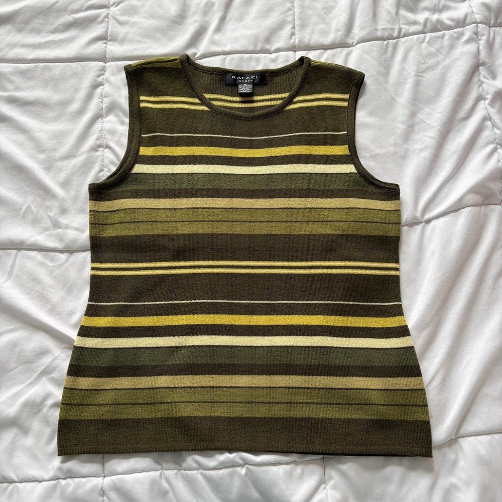 Vintage Rafael Wool Green Yellow Striped Knit Sweater Vest Sleeveless Top Medium